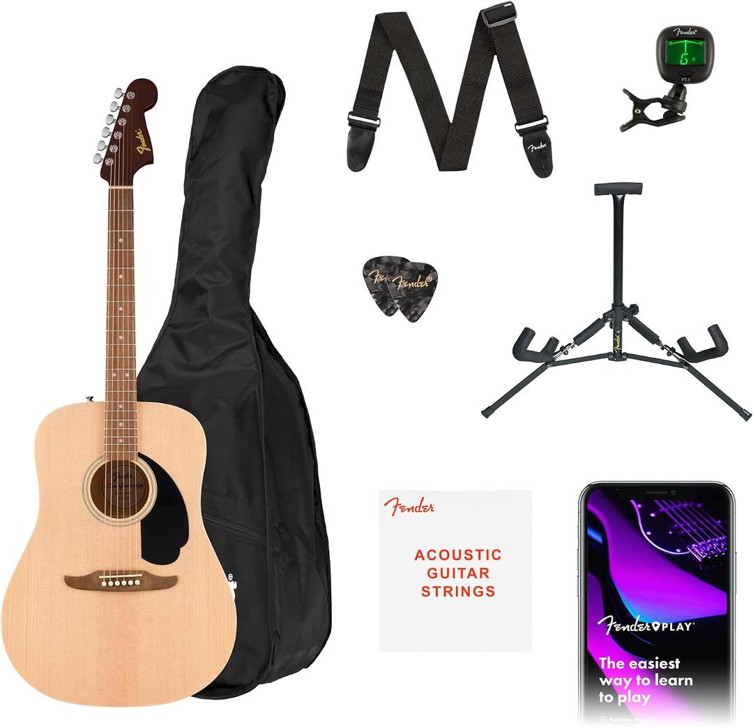 Fender California Debut Redondo Series Acoustic Guitar Pack, Beginner Guitar, Includes Gig Bag, Stand, and More, Natural