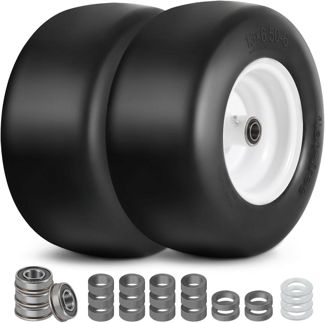 13x6.50-6 Flat Free Tire and Wheel with 3/4" & 5/8" Bearings, 13x6.50-6 Lawn Mower Tires for Zero Turn Mower, Riding Lawn Mower for Commercial Grade Lawn, Garden, 4"-7.2" Centered Hub (2 Pack)