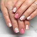 Flower Press on Nails Spring Short Square Fake Nails with Daisy Gingham Pink Designs Full Cover Stick on False Nail for Women 24 Pcs