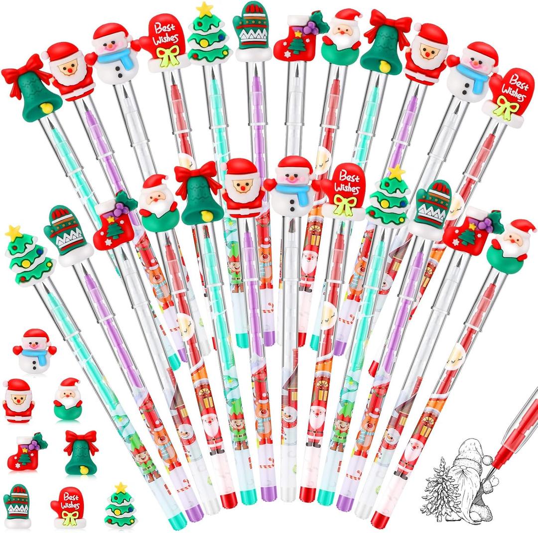 Cholemy 48 Pcs Christmas Stackable Pencils Multi Point Push Christmas Pencils with Topper Santa Claus Xmas Tree Snowman Pen for Party Favor Stocking Stuffers
