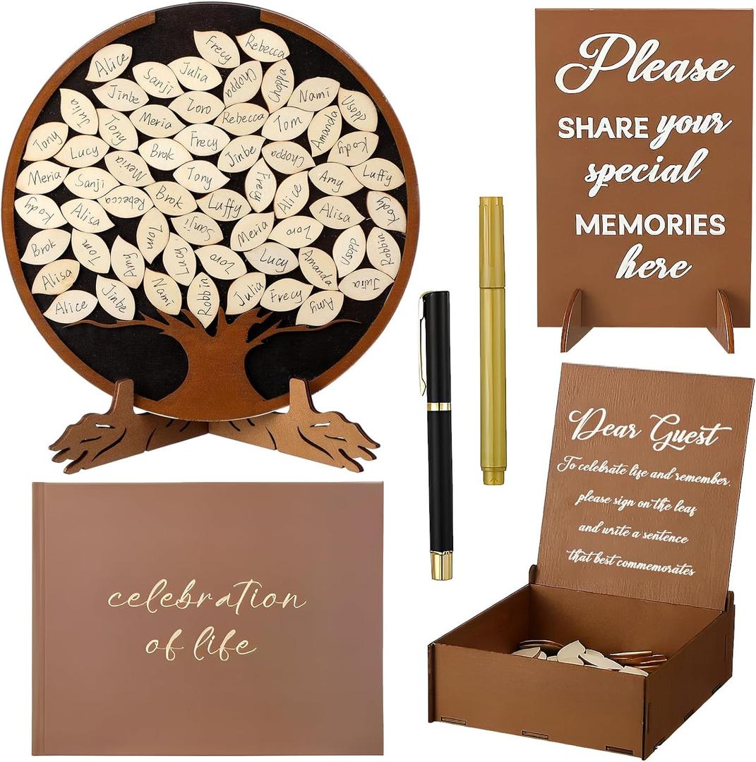 Leinuosen Celebration of Life Decorations Wooden Funeral Guest Book Set for Memorial Service Loving Memory Guestbook Share a Memory or Words of Love Cards Pen Table Sign(Brown and White)