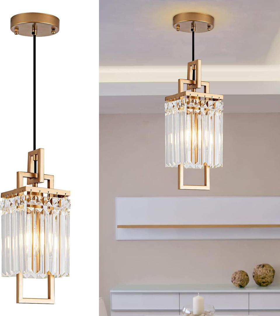 Modern Gold Pendant Light Fixtures for Kitchen Island and Dining Room, Industrial Small Hanging Crystal Chandelier Light Fixture for Bedroom Entryway Living Room Foyer Hallway 1-Pack