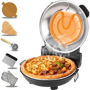 Pizza Oven Indoor, 12 Inch Retro Pizza Maker, Rapid Heating 800F, 1200W Glazed Ceramic Stone Electric Pizza Cooker, Two-button Precise Temperature Control, Viewing Window for Precise Cooking (Black)