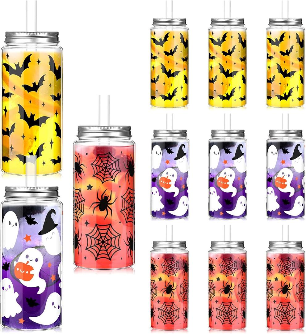 12 Sets Halloween Cup Gifts 14.2 oz Ghost Pumpkin Plastic Cup Tumblers with Lid Straw and Bow Reusable Coffee Mug for Halloween Kitchen Party Supplies(Simple Style)