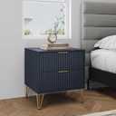 Manhattan Comfort Dumbo Fluted Nightstand with 2 Drawers, Gold Metal Legs and Metal Handles, Snap Tool-Free Assembly, Modern Bedside Accent Table with Storage for Bedroom, Living Room in Midnight Blue, Set of 1
