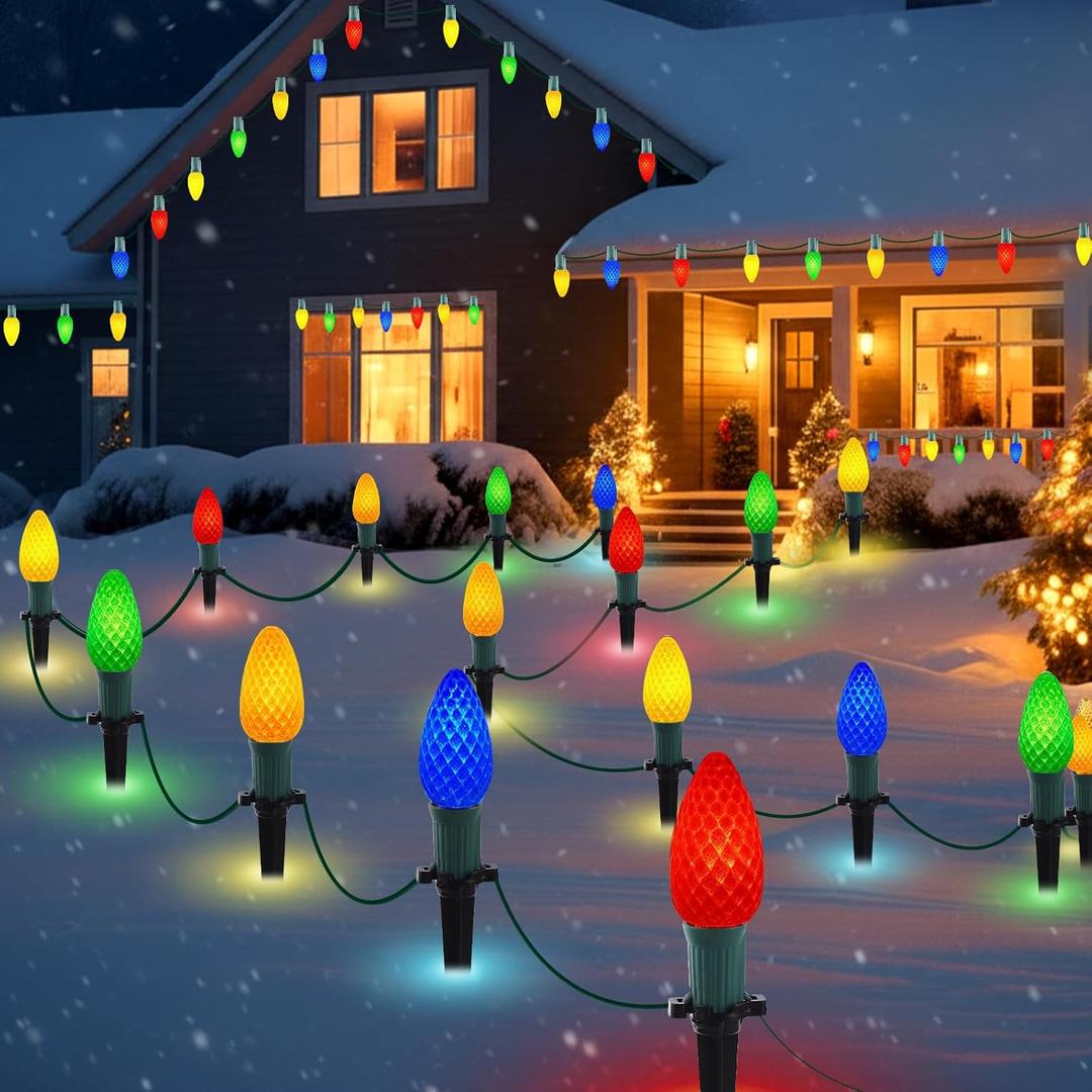 Fanovo 25.7ft Christmas Pathway Lights Outdoor with C9 Strawberry 20 LED Bulbs, Multicolor Christmas Walkway String Lights with Stakes for Driveway, Yard, Patio, Connectable & Weatherproof