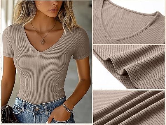Ficerd 2 Pack Women's Short Sleeve Cotton T-Shirts V Neck Ribbed Slim Fit Tops Ladies' Casual Summer Basic Tee Brown/White XL