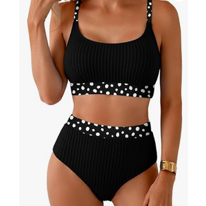 Herseas Women's Textured Bikini Sets Floral Print Trim Scoop Neck Swimsuits High Waisted Bathing Suits, XL