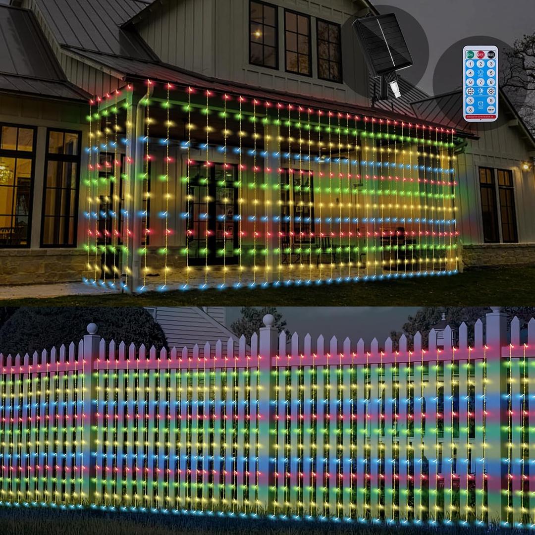 32.8 * 6.56FT Large Size Solar Curtain Lights Outdoor, 8 Modes String Icicle Lights, Solar Garden Christmas Lights Decortions for Patio, Gazebo, Eaves, Fence, Tree, Porch (Multicolor)