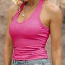 GEMBERA Womens Backless Halter Neck Front V Neck Camisole Basic Casual Fitted Cropped Tank Tops Shirts (Pink, S)