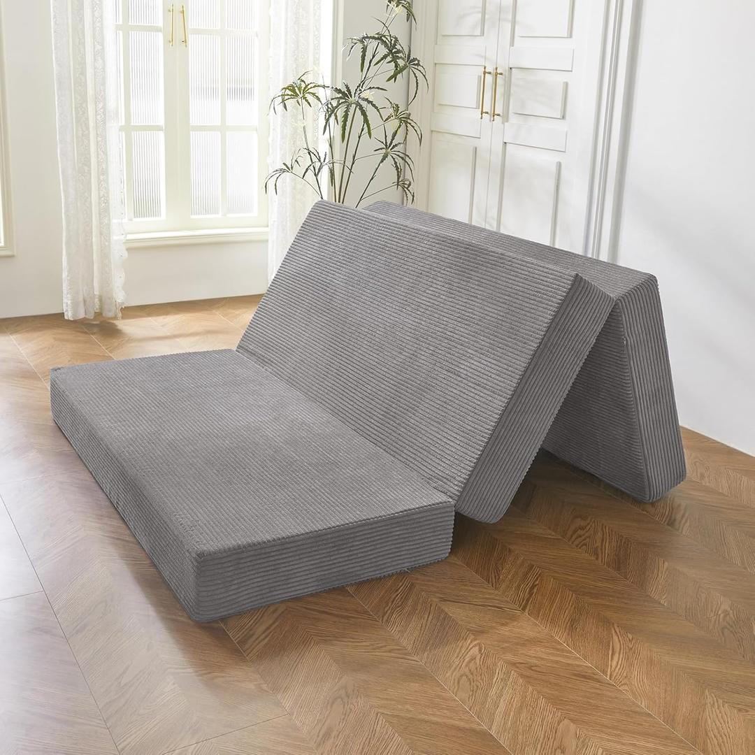 BYBYME Tri-Folding Corduroy Mattress, 6 Inches Gel Folding Mattress Topper, Foldable Soft Guest Bed Camping Pad, Washable Cover (Grey, Twin)