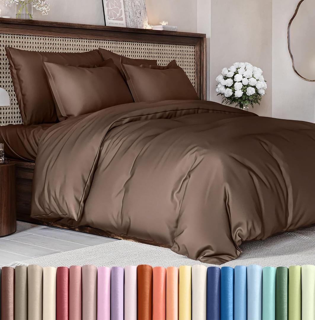 Duvet Cover Queen Size Set - Extra Soft Queen Duvet Cover 90" x 90" with 2 Pillow Shams - Hotel Luxury, Easy Care and Fade Free w/ Zipper Closures & Ties - All Season, Comfy, Cozy & Breathable (Brown) (17 - Brown (No Comforter))