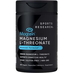 Sports Research Magtein Magnesium L-Threonate Capsules - Magnesium Supplement for Memory, Focus & Cognition - Magnesium L Threonate Supports Brain Health, Sleep & Mood- 2000mg, 180 Capsules for Adults BB 3/2028