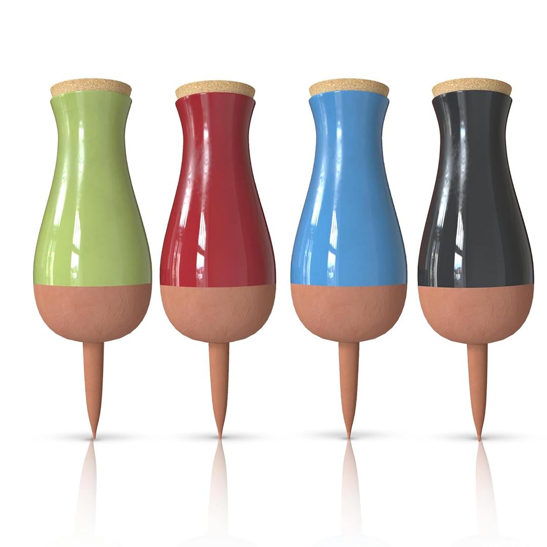 Drip Irrigation Stakes - Extra Large Improved Drip Easy-Refill 4 Week Waterer System with Large Reservoir Bulbs - Automatic Self-Watering Device for Indoor & Outdoor Plants (Black, Red, Blue and Yellow)