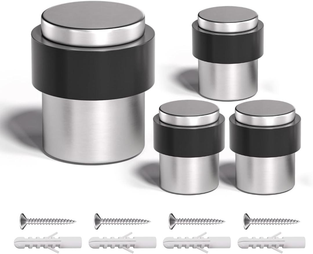 SANATO Nickel Cylindrical Floor Mounted Stainless Steel 304 Door Stop Door Stopper with Black Rubber, 4 Pack (Silver)
