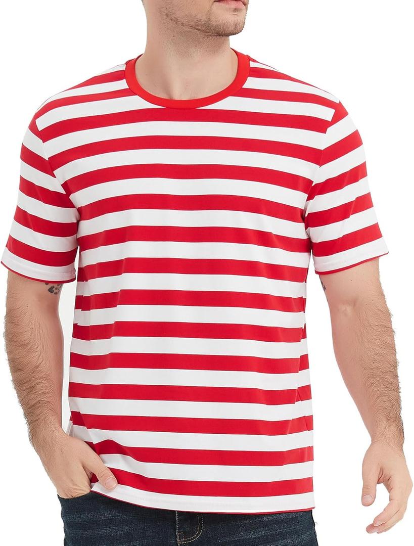 LEDING Casual Shirts Mens Short Sleeve Striped Black White Cotton Spandex Summer Holiday Travel Basic Pullover Crew Shirt (XXL)