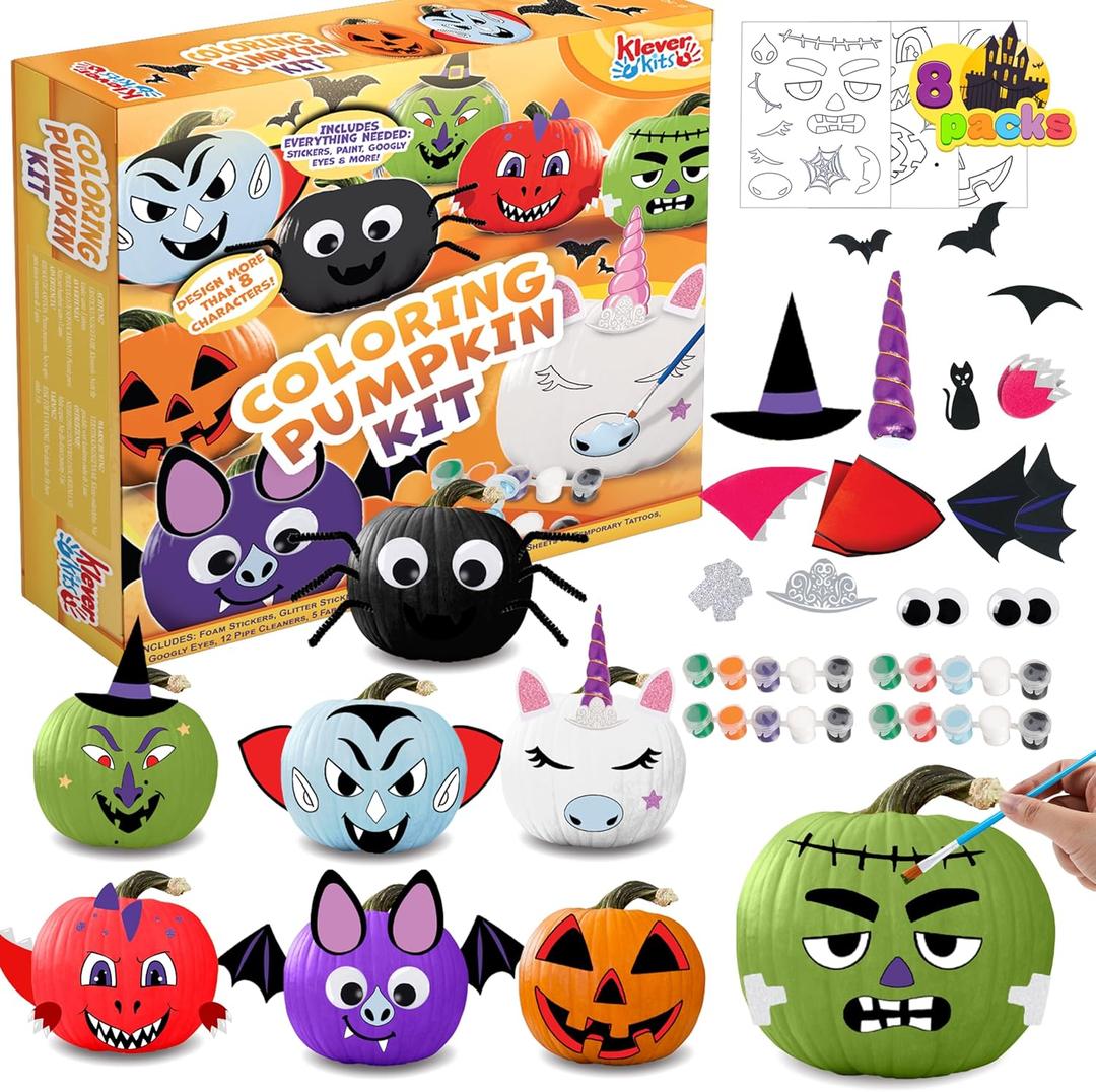 Klever Kits Halloween Pumpkin Decorating Kit, Halloween Painting Kits Party Favors for Kids, Arts and Craft Party Supplies, DIY Coloring Pumpkin Decorations, School Activities Games