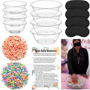 4 Sets 75 Pcs Baby Shower Games Funny Activities Include 8 Clear Basins Bowls 4 Blindfolds 60 Mini Babies 2 Light Color Mixed Beads and Card, Funniest Bridal Shower Game, Grab Baby Madness