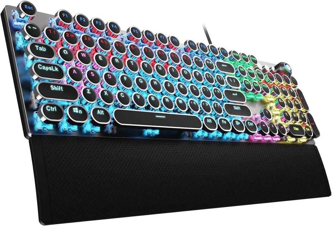 AULA F2088 Typewriter Style Mechanical Gaming Keyboard Blue Switches,Rainbow LED Backlit,Removable Wrist Rest,Media Control Knob,Retro Punk Round Keycaps,USB Wired Computer Keyboard (Black-blue switches)