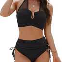 BMJL Womens High Waisted Bikini Sets Slimming Tummy Control Swimsuits Mesh Halter Bathing Suit, Large