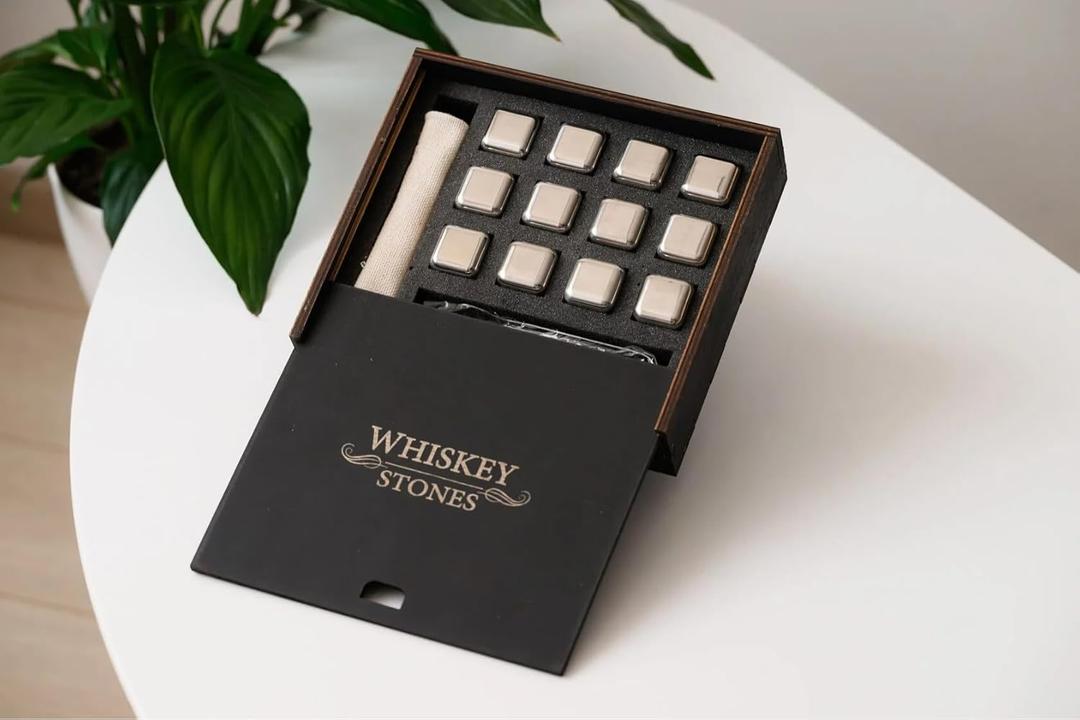 Customised Premium Luxury Set of 6 or 12 Stainless Steel Whiskey Cooling Stones in Wooden Gift Box with Velvet-Lined Foam  Elegant Reusable Ice Cubes That Chill Without Dilution Made in Ukraine (12)