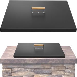 Fire Pit Lid Square 28", Heat Resistant Metal Firepit Cover with 2 Wooden Handles for Square Patio Fire Pit, Compatible for Firepits Inside Dia Up to 26"