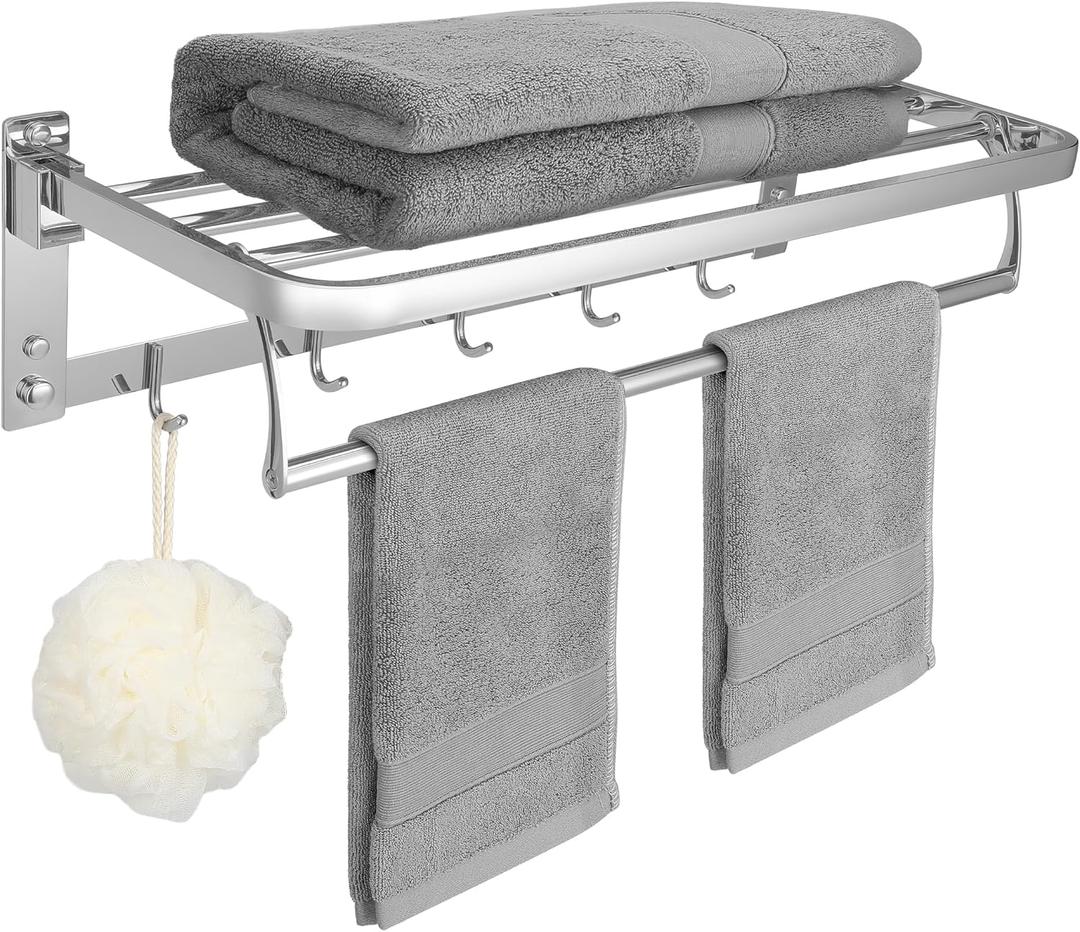 23 Inch Towel Rack with Towel Bar Holder SUS304 Stainless Steel Foldable Towel Shelf with 5 Hooks for Bathroom & Lavatory Wall Mounted (Brushed Nickel)