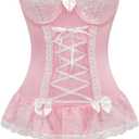 Sexy Mesh Corset Ruffle Lace Up Underwire Sheer Garter Belt Babydoll Lingerie Set With Thong 3 Piece Women (Small, Pink)