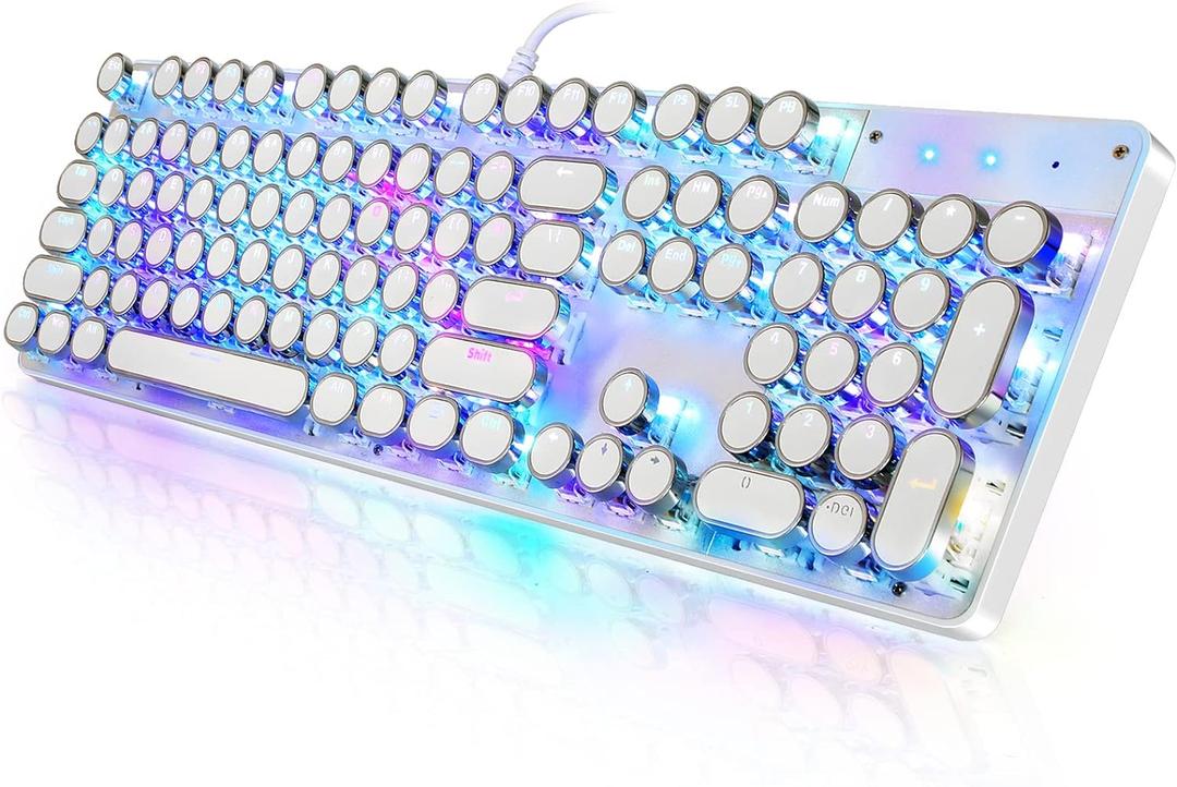 YSCP Typewriter Style Mechanical Gaming Keyboard RGB Backlit Wired with Blue Switch Retro Round Keycap 104 Keys Keyboard (White 104 Keys RGB)