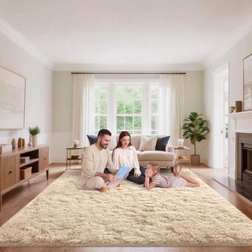 Mhyup Light Tan Area Rugs 9x12 Living Room Bedroom, Fluffy Large Rug Soft Shag Non-Slip Carpet for Kids Boys and Girls Room Dorm Home Decor (9ft x 12ft)