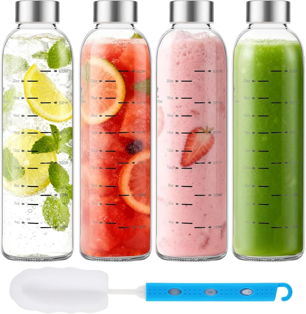 Glass Juice Bottles with Lids 25 oz Reusable Glass Water Bottles with Stainless Steel Caps 4 Pack, BPA Free,Leak Proof,Dishwasher Safe,for Refrigerator, Juicing, Iced Coffee, Cold Brew