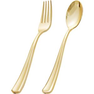 BUCLA 200-Piece Gold Plastic Silverware - Heavy Duty Disposable Cutlery Set - 100 Gold Plastic Forks & 100 Spoons for Catering, Party, Dinner, Wedding