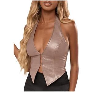 SOLY HUX Women's PU Leather Halter Tank Tops Sexy Deep V Neck Asymmetrical Vest Corset Party Clubwear Pure Pink X-Small