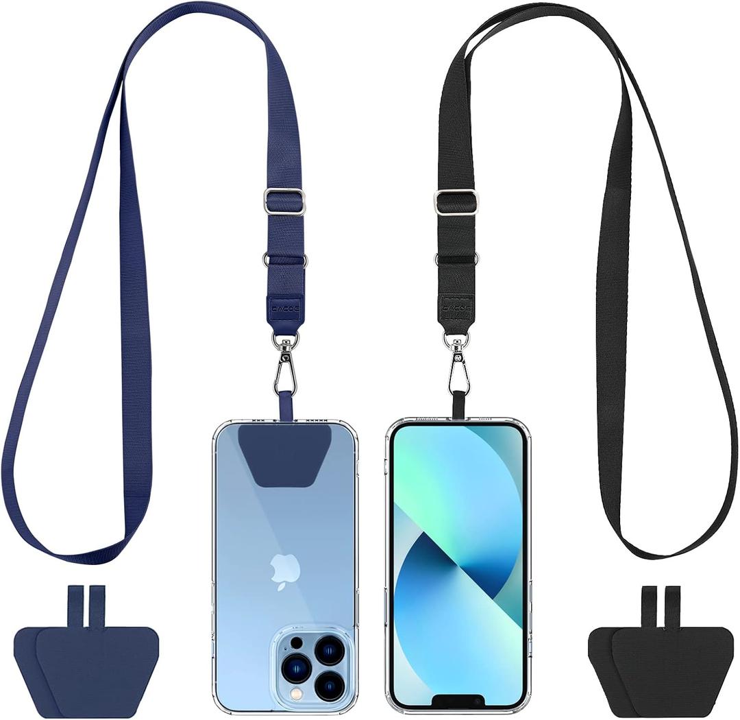 CACOE Phone Lanyard 2 Pcs Adjustable Neck Strap,4 Pcs Patches,Universal Crossbody Multifuctional Patch Polyester Lanyards Compatible with Most Smartphones(Black+Dark Blue)