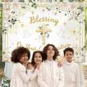 MEHOFOND Blessing On Your Confirmation Backdrop, White Floral Confirmation Decorations Banner with Gold Cross Dove, First Holy Communion Christening Party Photo Booth 6x3.6ft