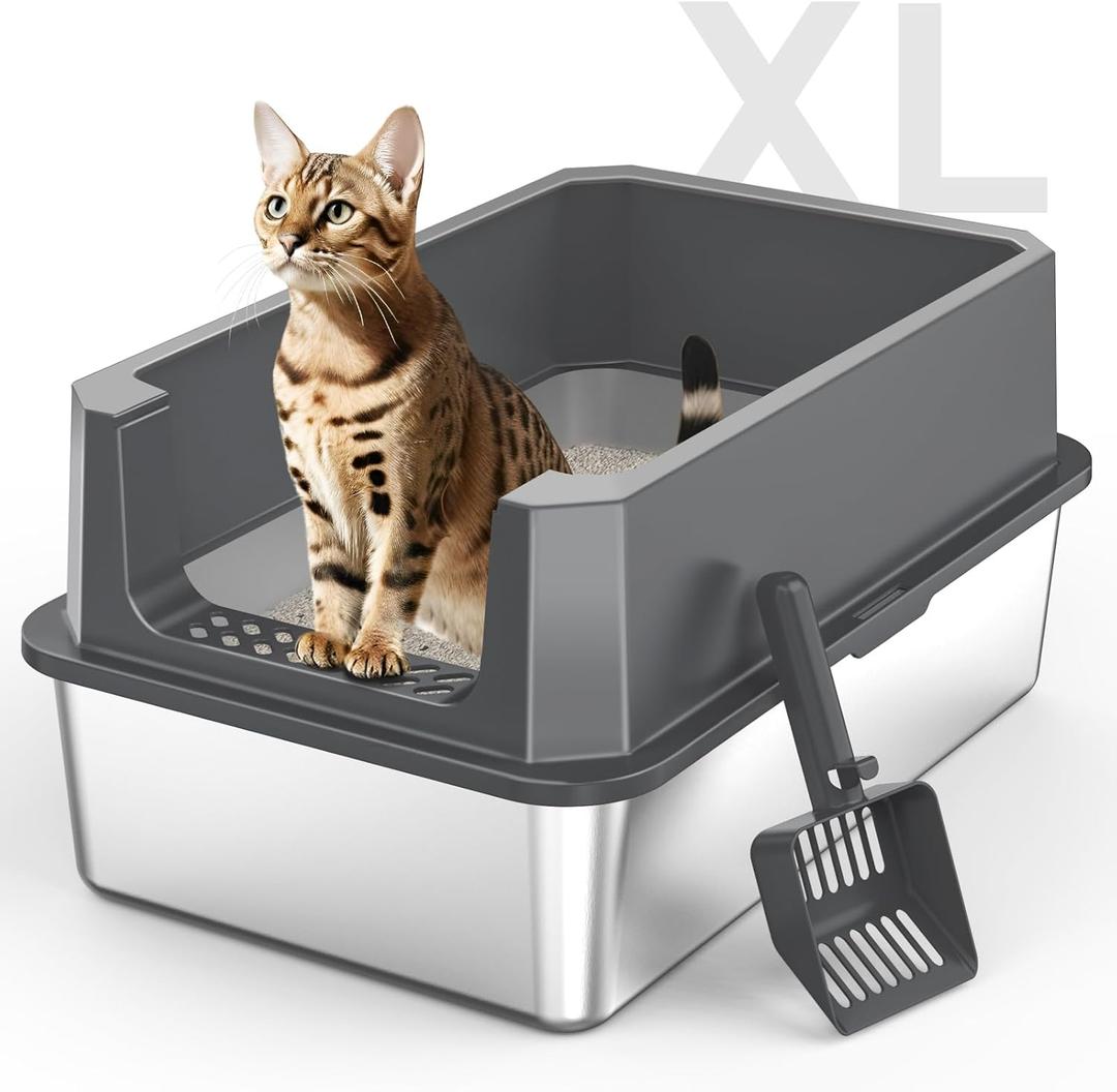 Stainless Steel Litter Box, Extra Large Litter Boxes for Big Cats, XLarge Metal Cat Litter Box with Lid, Anti-Urine Leakage XL Box with High Sides, Easy Clean, Non-Sticky (Dark Grey)