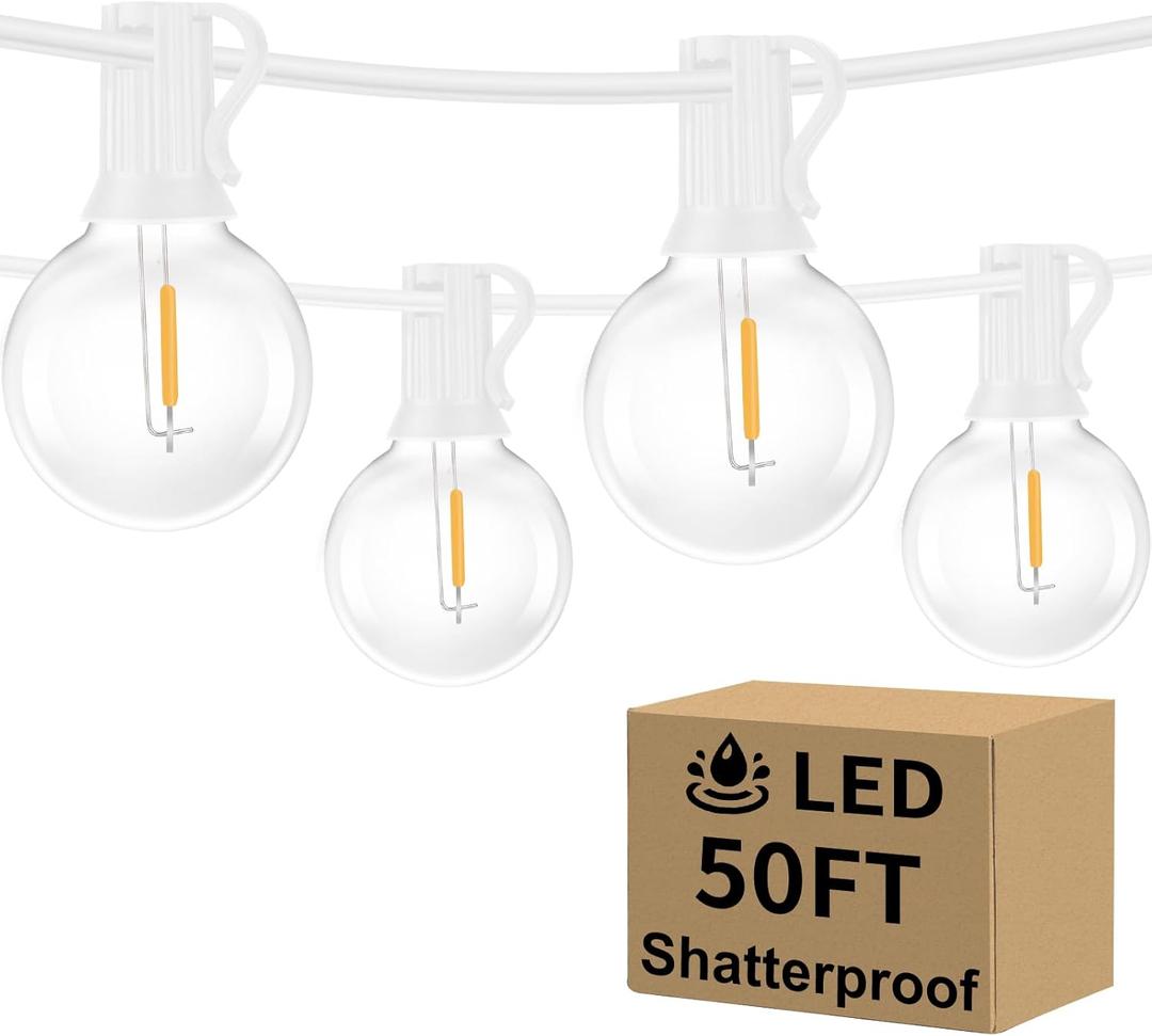 Outdoor G40 LED Globe String Lights 50FT Dimmable Shatterproof Waterproof Patio Lights with 25+2 Bulbs Connectable Commercial Hanging Light for Patio Balcony Backyard Party (White Wire)