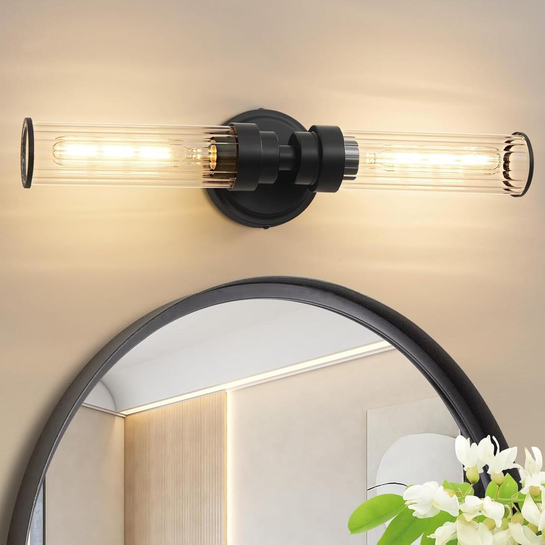 Bathroom Light Fixtures, Black Wall Sconce in Threaded Glass Indoor Vanity Lights, Modern Bathroom Vanity Light Up and Down Sconces Wall Lighting for Bathroom, Living Room - Bulb Not Included