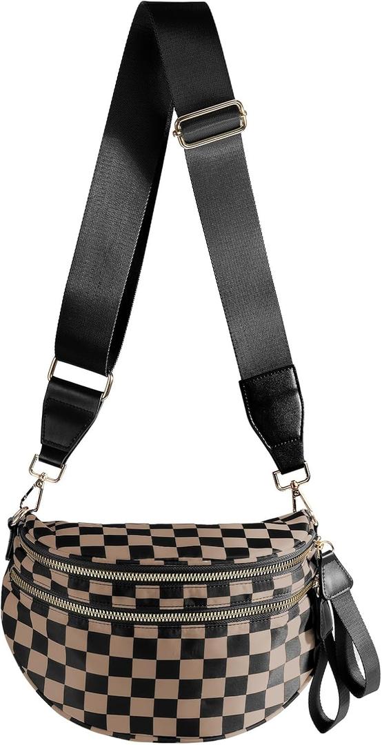 Spacious Checkered Nylon Crossbody Bag Bum Bag Checkered Handbags Wallets for Women (Khaki Black Checkered)
