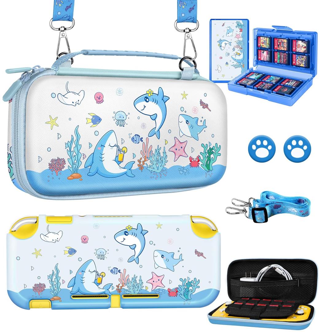 6in1 Kits Accessories Bundle for Nintendo Switch Lite 2019 - Cute Carrying Case, Protective Cover, Joy Con Grips, Thumb Grips, 24 Game Holder, Shoulder Strap Teens Boys Girls, Blue Shark