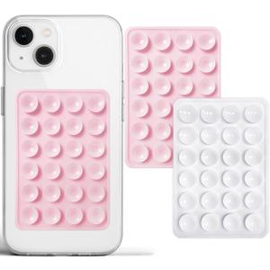 PKYAA 2 Pack Silicone Suction Phone Case Adhesive Mount, Strong Grip Holder for Selfies and Videos, Hands-Free Sticky Phone Grip for iPhone and Android, 2.17" x 3.15" (LightPink&White)