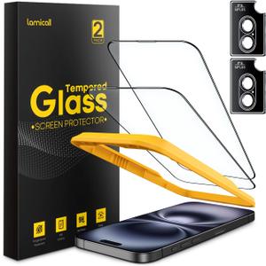 Lamicall 2+2 for iPhone 16 Plus Max Screen Protector (6.7") with Camera Lens Protector, [Top 9H Tempered Glass Film], Easy Alignment, Anti-Scratch, 0 Bubbles, HD Clear for iPhone 16 Plus - 2 Pack Each