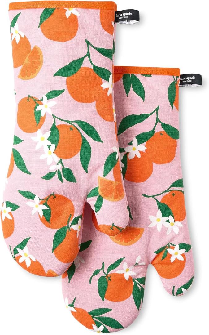 kate spade new york Squeeze The Day Oven Mitt 2-Pack Set, Heat Resistant, 100% Cotton, Orange/Pink, 7"x13"