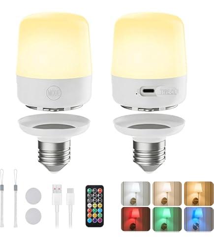 Minetom E26 Rechargeable Light Bulbs with Remote and Timer, Battery Backup Bulb with 12 Colors and Brightness Dimmable, 2300mAh 40W Equivalent LED Light Bulbs for Lamps Sconces Camping, 2 Pack
