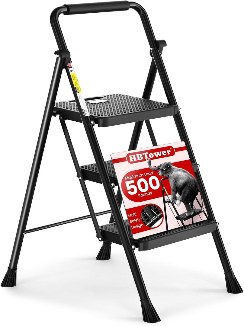 HBTower 3 Step Ladder, Folding Step Stool with Wide Non-Slip Pedal, Sturdy Steel Ladder, Comfortable Handle, Lightweight, Portable Steel Step Stool, Black