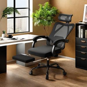 Ergonomic Office Chair with Footrest and Headrest, High Back Mesh Computer Desk Chair with Adjustable Lumbar Support, Rolling Swivel Chair for Home Office, Study Room, Bedroom, Black (Black C)