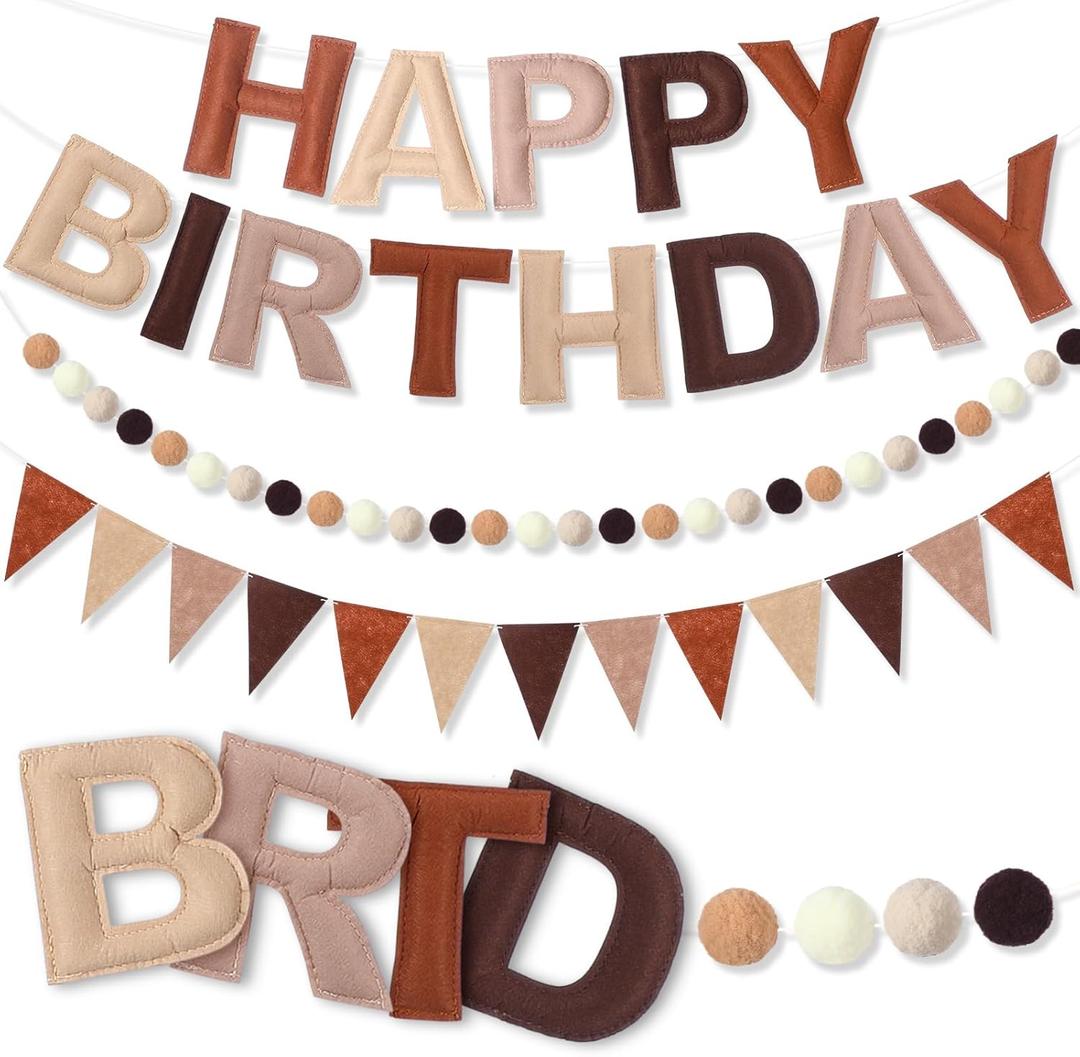 Oudain 4 Pcs Pre Strung Happy Birthday Banner Felt Happy Birthday Garland Pom Pom Balls Felt Pennant Flag Multicolor Bunting String Triangle Flags Bulk Reusable Party Decorations(Coffee, Beige)