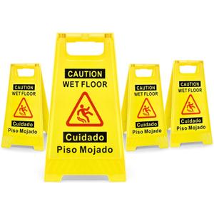 4-Pack Caution Wet Floor Sign, 17.5" Height, Bright Yellow, Double-Sided A-Shaped Frame Design, Bilingual Caution Message