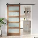 FREDBECK 36in x 80in Glass Barn Door Glass Door with 6.6FT Barn Door Hardware Kit & Handle Included,5-Panel Frosted Glass, Water-Proof Surface,Pre-Drilled Holes,Need Assembly