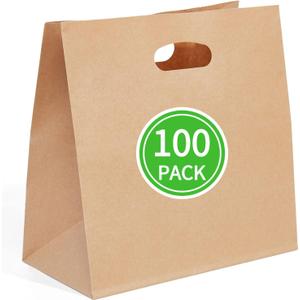 PAICUIKE 100 Pcs 11x6x11 Die Cut Tote Brown Paper Bags with Handle Bulk, Kraft Paper Grocery/Takeout Bags for Restaurant, Bakery, Retail